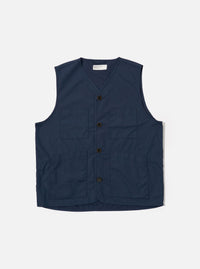 The Navy Recycled Polytech City Waistcoat is presented as a flat lay against a plain white background. The garment features a V-neckline, a five-button front closure, and three patch pockets, with one at the chest and two at the waist. The material is a smooth, dark navy recycled polytech fabric.