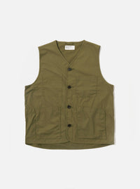 The Olive Recycled Polytech City Waistcoat is displayed as a flat lay against a plain white background. The waistcoat features a clean, minimal design with a central button-down closure and two large patch pockets at the waist. The olive green fabric has a smooth, matte finish.