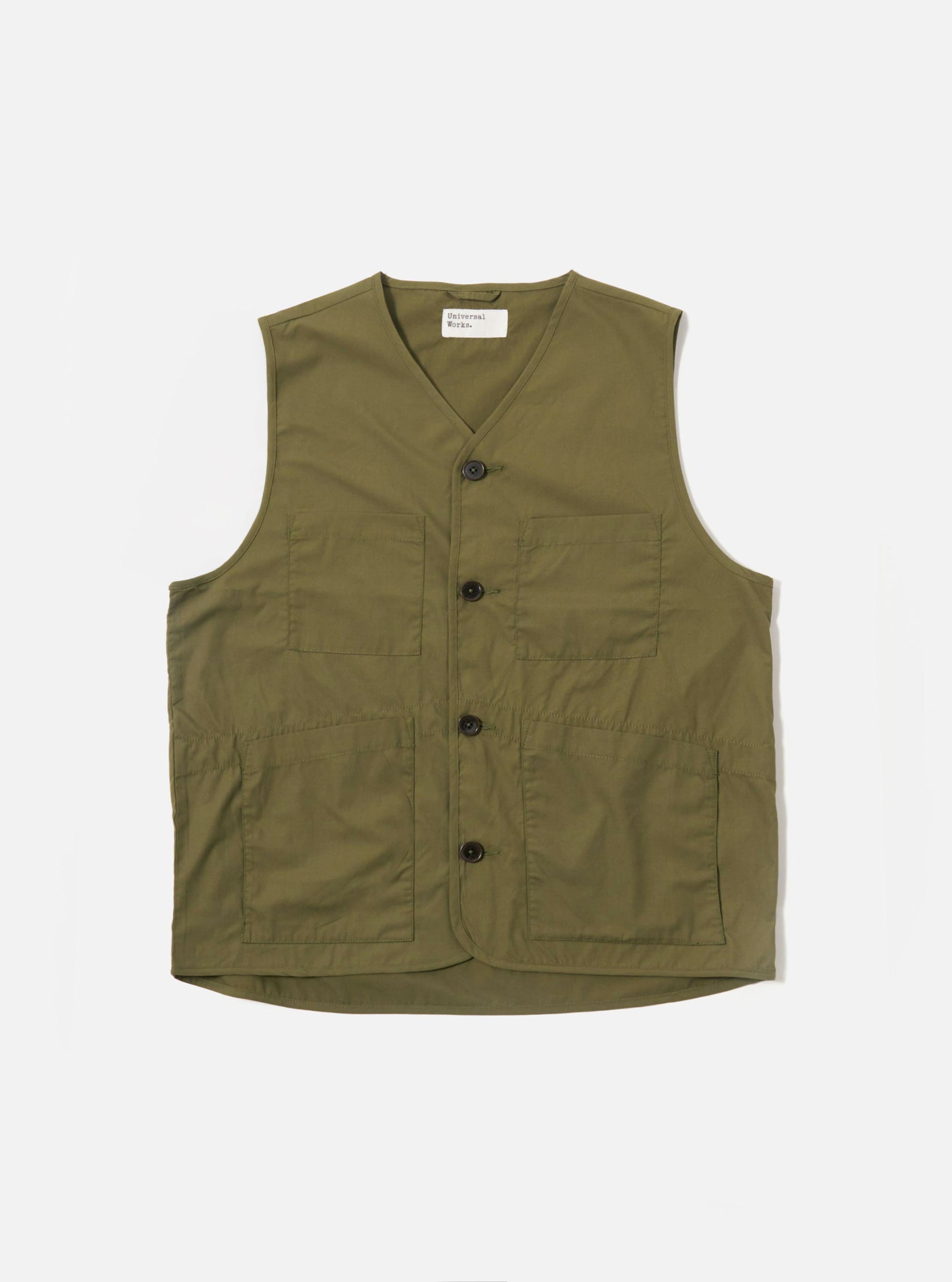 The Olive Recycled Polytech City Waistcoat is displayed as a flat lay against a plain white background. The waistcoat features a clean, minimal design with a central button-down closure and two large patch pockets at the waist. The olive green fabric has a smooth, matte finish.
