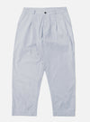 The Navy Kennedy Stripe Duke Pant is shown as a flat lay against a white background. These trousers feature a loose, wide-leg fit with a vertical pinstripe pattern throughout. The design includes a pleated front, a button-down fly, and belt loops at the waistband.