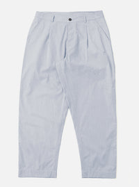 The Navy Kennedy Stripe Duke Pant is shown as a flat lay against a white background. These trousers feature a loose, wide-leg fit with a vertical pinstripe pattern throughout. The design includes a pleated front, a button-down fly, and belt loops at the waistband.