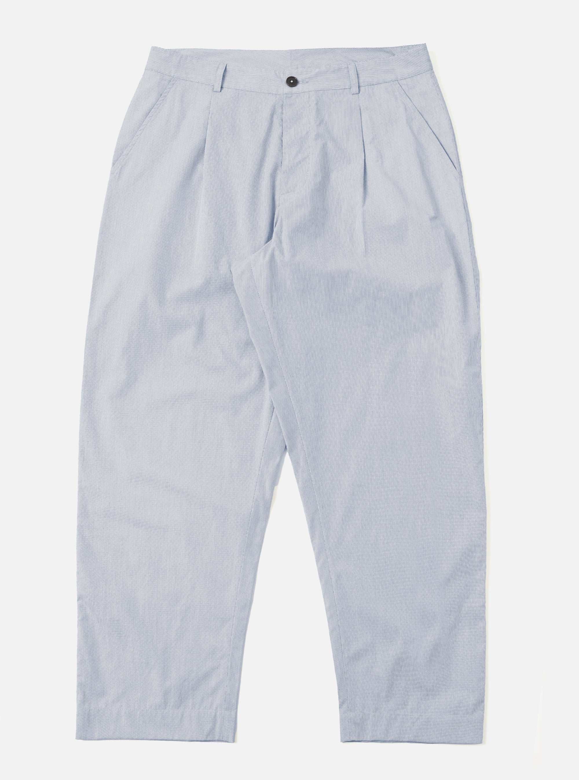 The Navy Kennedy Stripe Duke Pant is shown as a flat lay against a white background. These trousers feature a loose, wide-leg fit with a vertical pinstripe pattern throughout. The design includes a pleated front, a button-down fly, and belt loops at the waistband.