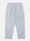 The Navy Kennedy Stripe Duke Pant is shown from the back as a flat lay against a plain white background. The trousers feature a navy blue cotton fabric with thin white vertical stripes, two rear welt pockets with button closures, and a wide-leg silhouette.
