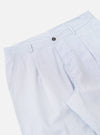 The Navy Kennedy Stripe Duke Pant is shown in a detailed view as a flat lay against a plain white background. The image focuses on the rear of the trousers, highlighting the two back pockets, the fixed waistband, and the vertical pinstripe pattern on the navy cotton fabric.