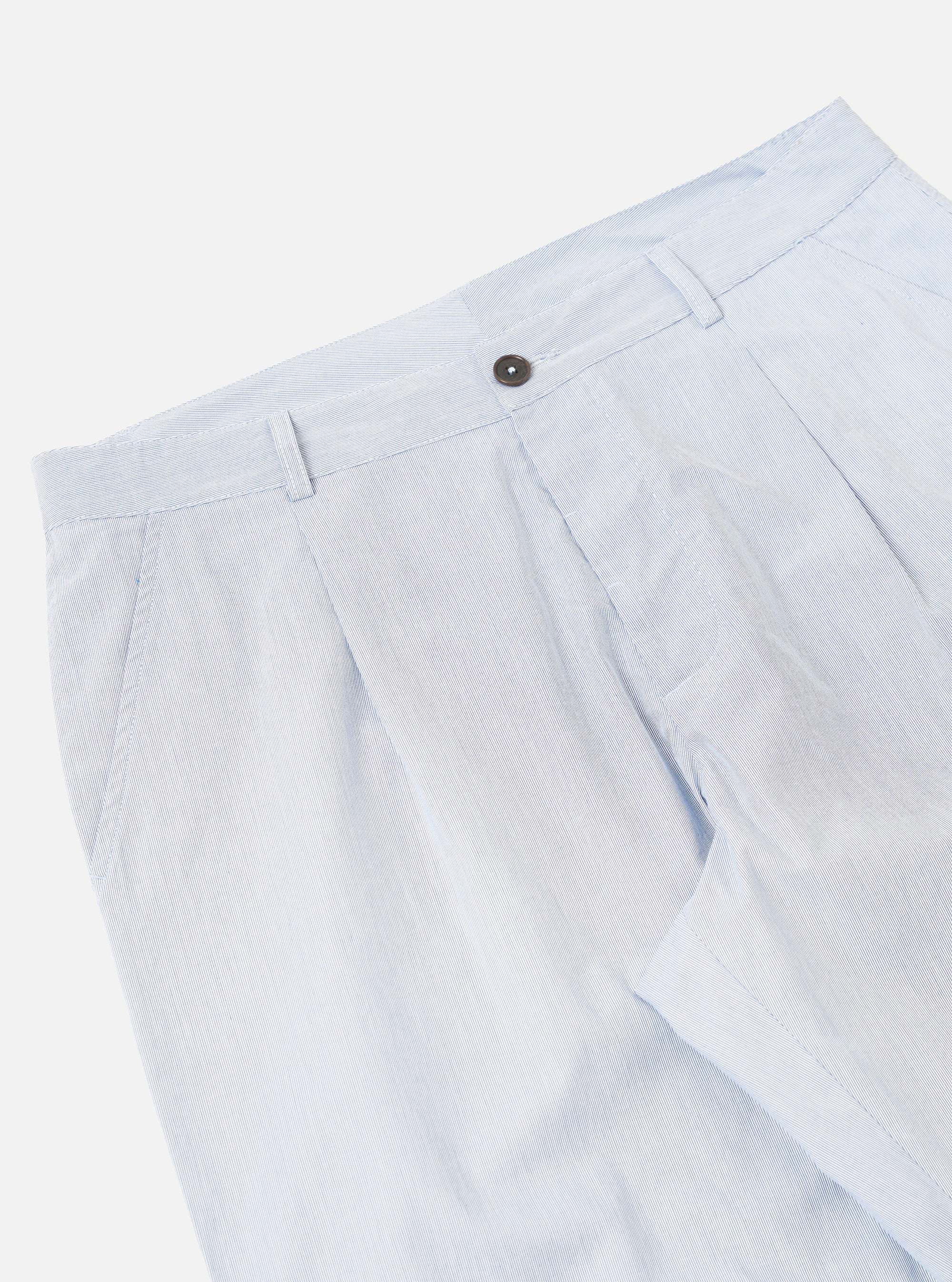 The Navy Kennedy Stripe Duke Pant is shown in a detailed view as a flat lay against a plain white background. The image focuses on the rear of the trousers, highlighting the two back pockets, the fixed waistband, and the vertical pinstripe pattern on the navy cotton fabric.