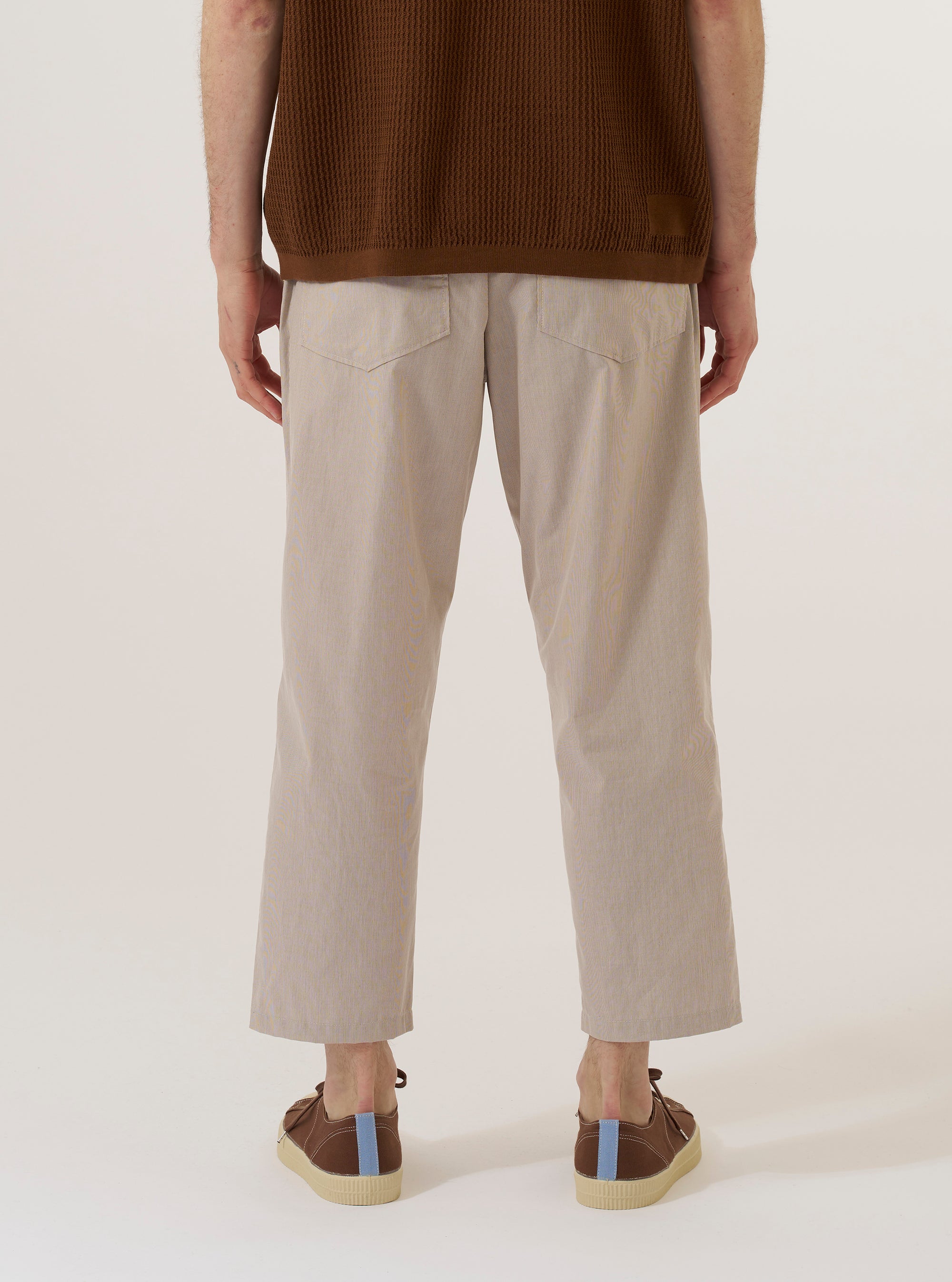 A model wears the Brown Kennedy Stripe Hi Water Trouser, shown from a rear three-quarter angle against a plain white background. The trousers feature a slim, cropped fit and a distinctive vertical stripe pattern in shades of brown. The design includes a drawstring waist and visible rear pocket detailing.