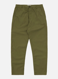 The Olive Recycled Polytech Military Chino is shown as a flat lay against a plain white background. The trousers feature a waistband with belt loops, two front slant pockets, and a straight leg that tapers slightly toward the ankle. The olive green fabric has a smooth, technical appearance.