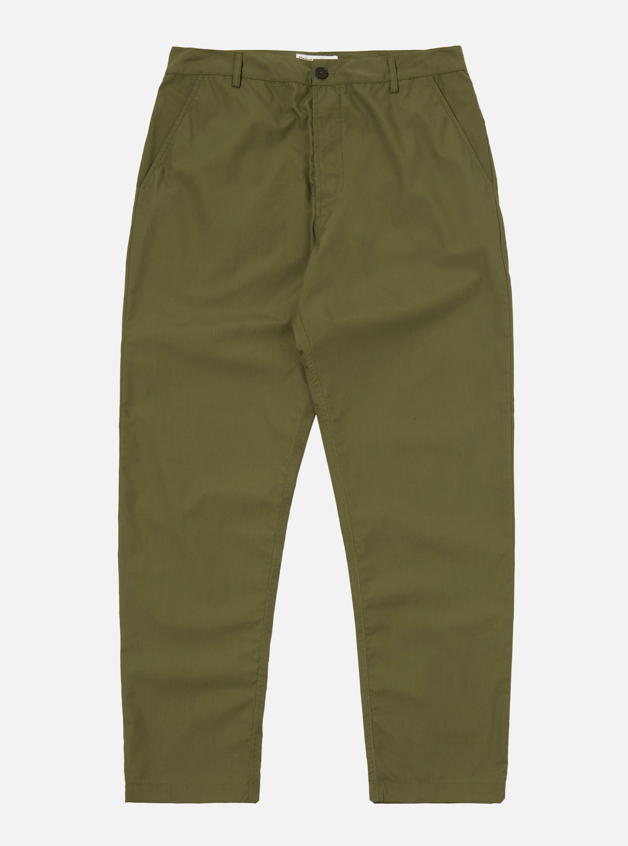 The Olive Recycled Polytech Military Chino is shown as a flat lay against a plain white background. The trousers feature a waistband with belt loops, two front slant pockets, and a straight leg that tapers slightly toward the ankle. The olive green fabric has a smooth, technical appearance.