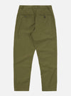 The Olive Recycled Polytech Military Chino is shown from the back as a flat lay against a plain white background. The image highlights the two rear jetted pockets with button closures and the straight-leg cut of the trousers. The olive green fabric has a smooth, technical finish.