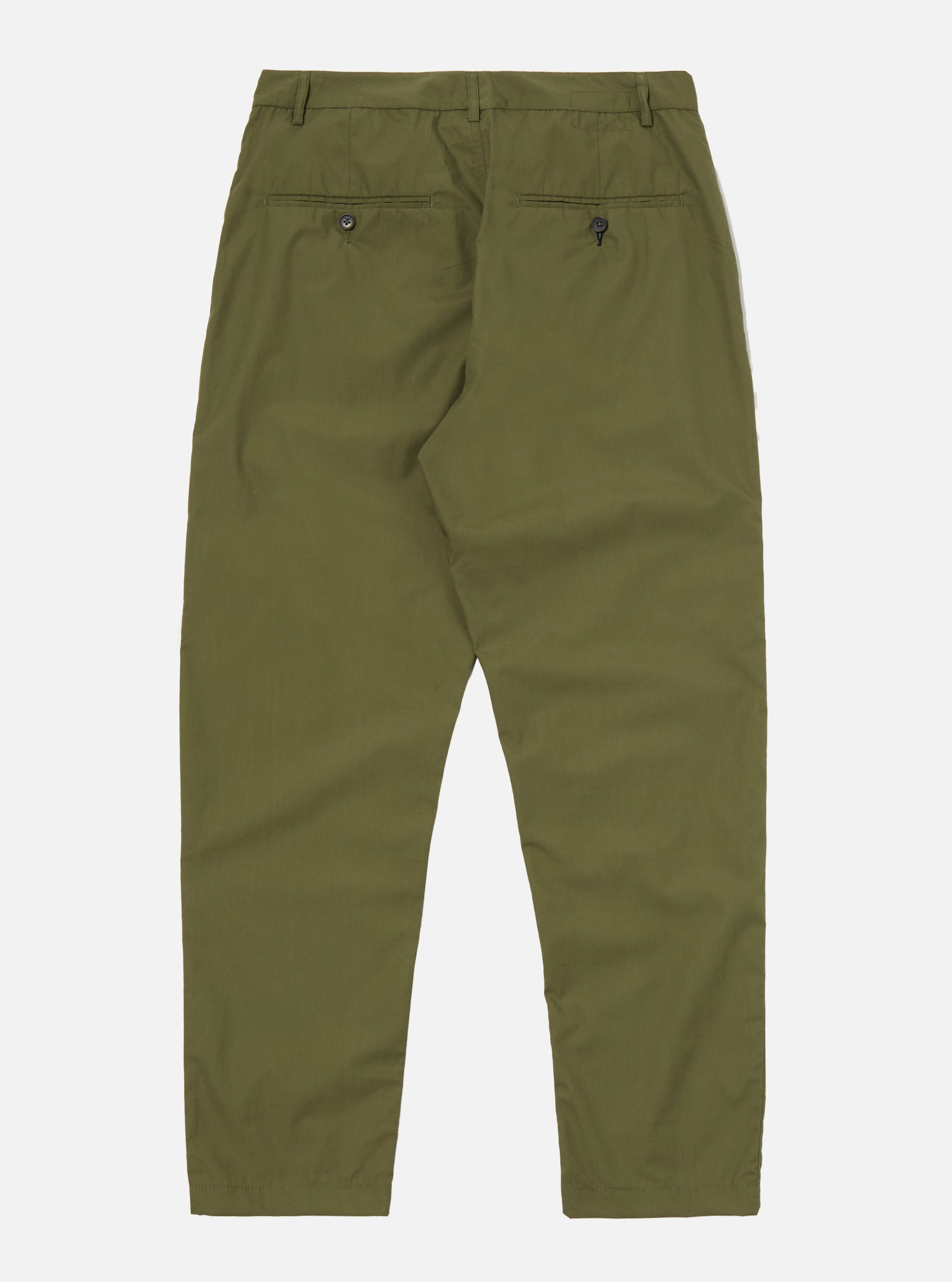 The Olive Recycled Polytech Military Chino is shown from the back as a flat lay against a plain white background. The image highlights the two rear jetted pockets with button closures and the straight-leg cut of the trousers. The olive green fabric has a smooth, technical finish.