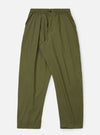 The Olive Recycled Polytech Pleated Track Pant is shown as a flat lay against a plain white background. The trousers feature an elasticated waistband with a contrasting off-white internal drawstring, a single front pleat on each leg, and two slanted side pockets. The fabric is a smooth olive green recycled poly-tech material with a tapered leg silhouette.
