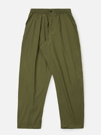The Olive Recycled Polytech Pleated Track Pant is shown as a flat lay against a plain white background. The trousers feature an elasticated waistband with a contrasting off-white internal drawstring, a single front pleat on each leg, and two slanted side pockets. The fabric is a smooth olive green recycled poly-tech material with a tapered leg silhouette.