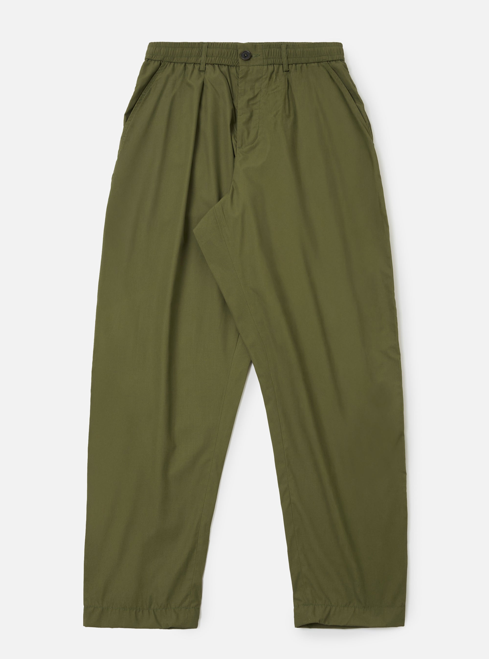 The Olive Recycled Polytech Pleated Track Pant is shown as a flat lay against a plain white background. The trousers feature an elasticated waistband with a contrasting off-white internal drawstring, a single front pleat on each leg, and two slanted side pockets. The fabric is a smooth olive green recycled poly-tech material with a tapered leg silhouette.