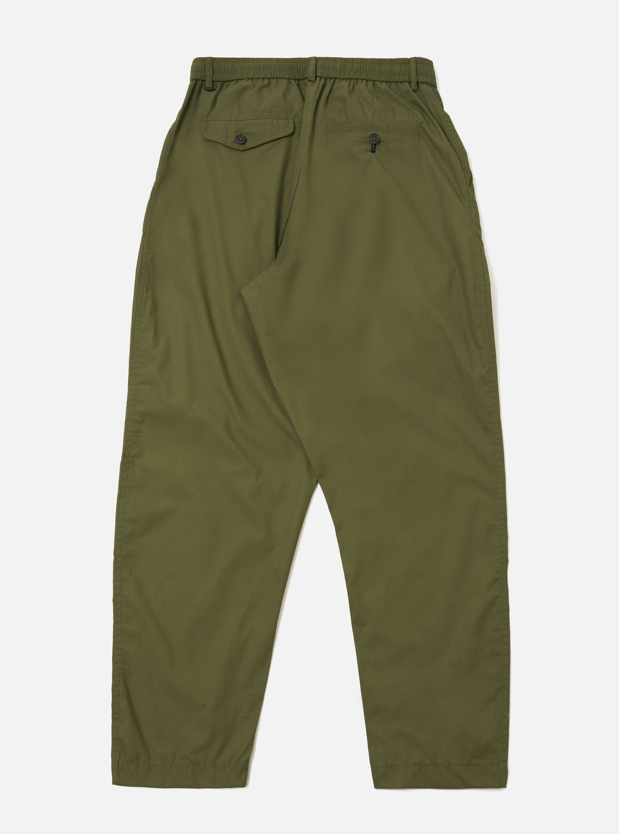The Olive Recycled Polytech Pleated Track Pant is shown from the back as a flat lay against a plain white background. The image highlights the elasticated waistband and the smooth, technical texture of the olive green fabric.