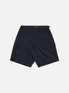The Black Organic Fine Cord Fatigue Short is shown as a flat lay against a plain white background. The shorts feature a button closure with a zip fly, large front patch pockets, and a distinct fine-ribbed corduroy texture.