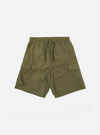 The Olive Recycled Polytech Parachute Short is shown as a flat lay against a plain white background. The shorts feature a relaxed fit, an elasticated waistband with a tonal drawstring, and two large 3D bellows cargo pockets on the sides. The garment is made from a smooth olive green fabric with visible stitching details.