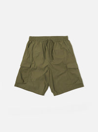 The Olive Recycled Polytech Parachute Short is shown as a flat lay against a plain white background. The shorts feature a relaxed fit, an elasticated waistband with a tonal drawstring, and two large 3D bellows cargo pockets on the sides. The garment is made from a smooth olive green fabric with visible stitching details.