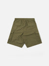 The Olive Recycled Polytech Parachute Short is shown from the rear as a flat lay against a plain white background. The image highlights the back of the shorts, featuring two button-flap accordion patch pockets and an elasticated waistband. The fabric is a solid olive green with a smooth, technical finish.