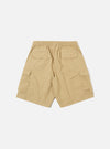 The Sand Recycled Polytech Parachute Short is shown from the back as a flat lay against a plain white background. The image highlights the two rear patch pockets with button closures and the elasticated waistband.