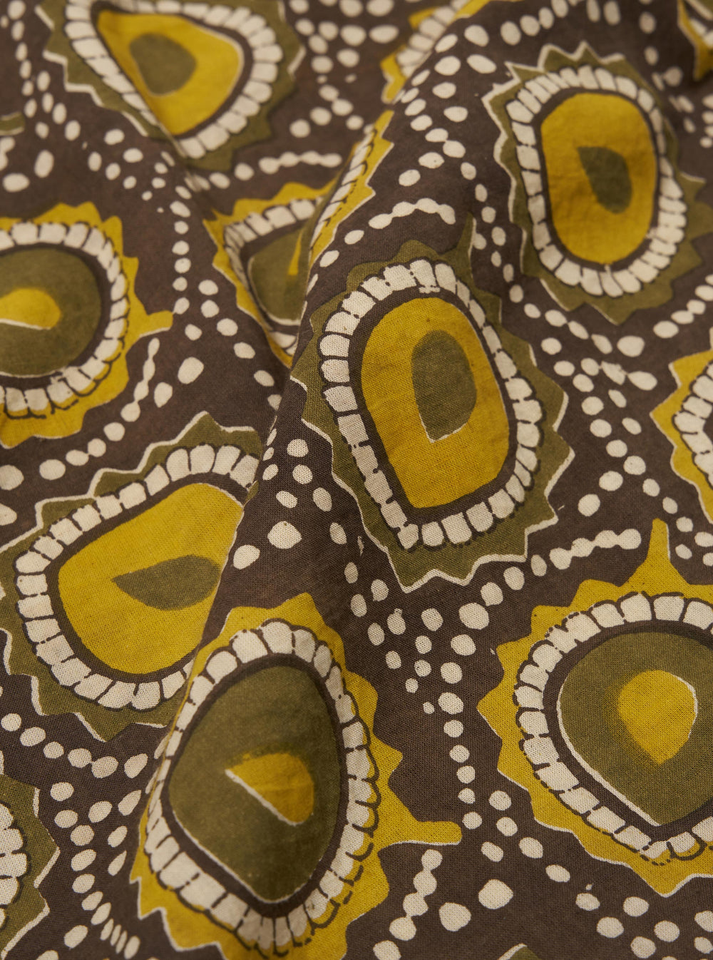 A close-up fabric swatch of the Olive Cape Block Print Camp Shirt highlights the intricate block print pattern. The design features small, repeating geometric and floral-inspired motifs in shades of green and olive against a textured cotton fabric.