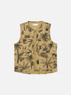 The Sand Jungle Toile Twill 4 Pocket Gilet is presented as a flat lay against a plain white background. The garment features an all-over jungle toile print in sand and dark tones. It has a central button-down front, a simple neckline, and four prominent patch pockets on the front: two smaller pockets at the chest and two larger pockets at the waist.