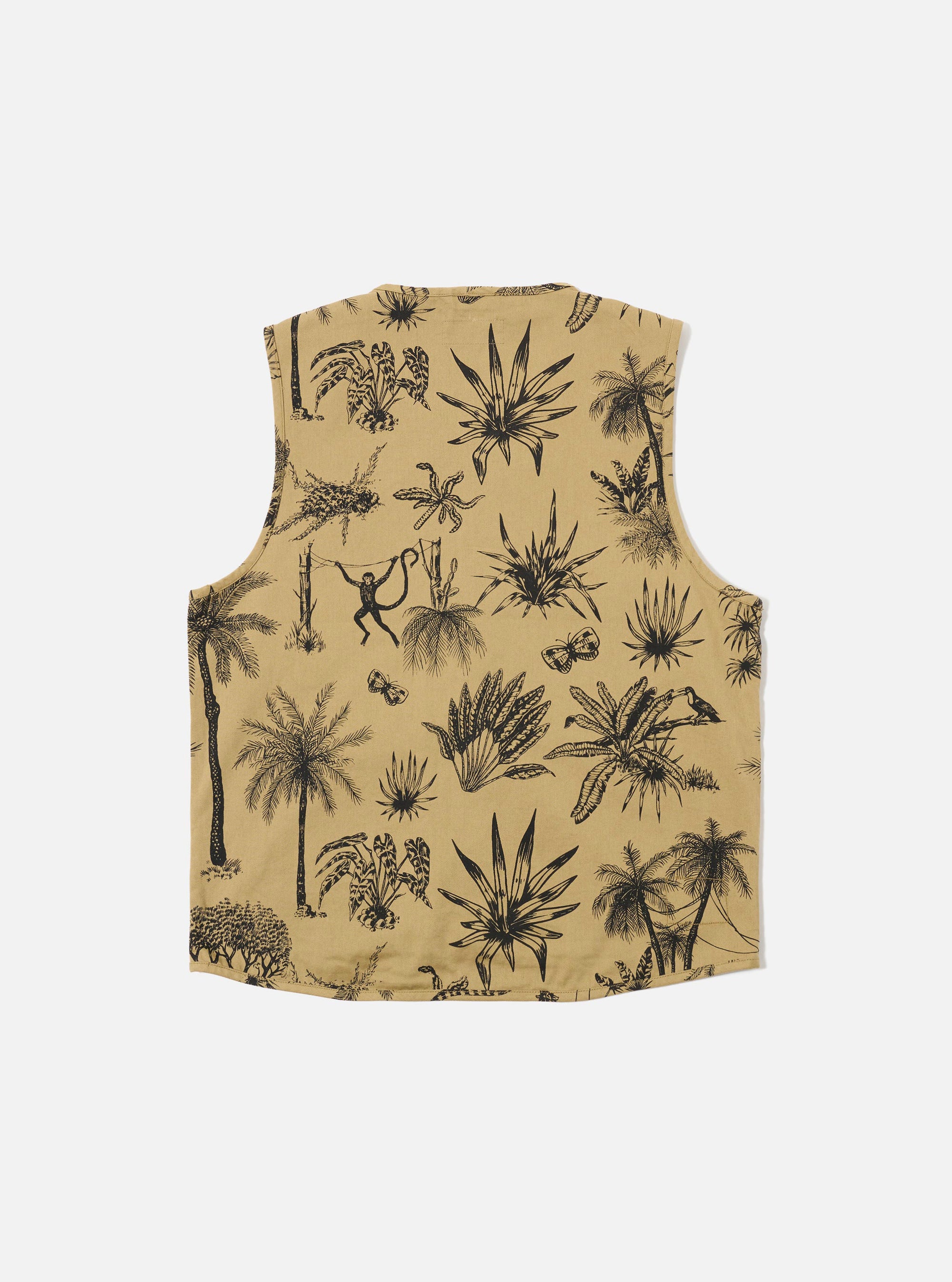 The Sand Jungle Toile Twill 4 Pocket Gilet is shown from the back in a flat lay against a plain white background. The garment features an all-over jungle toile print with dark illustrations of foliage and animals on a sand-colored base. The back is constructed with a simple, straight-cut panel and a clean hemline.