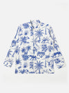 The White Jungle Toile Poplin Fatigue Shirt is shown as a flat lay against a white background. The shirt features an all-over dark jungle toile print with animal and botanical motifs on a white base. It has a one-piece collar, a single large square patch pocket on the chest, and a five-button front closure with oversized buttons.