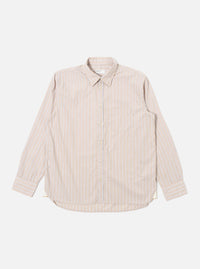 The Sand Urban Stripe Lazy Day Shirt is presented as a flat lay against a plain white background. The long-sleeved shirt features a vertical striped pattern in sand and white, a button-down collar, and a visible asymmetrical chest pocket on the left side. The hem is slightly curved, and the full button placket is centered.
