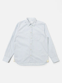 The Sky Urban Stripe Lazy Day Shirt is shown as a flat lay against a white background. The shirt features a light blue and white vertical stripe pattern, a button-down collar, a single chest pocket on the left side, and a full button-up front.