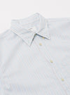 The Sky Urban Stripe Lazy Day Shirt is shown from a rear angle as a flat lay against a plain white background. The image highlights the back yoke with a box pleat and the light blue and white vertical stripe pattern of the cotton fabric.