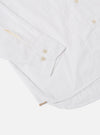 The White Poplin Patched Lazy Day Shirt is shown from a rear perspective on a model against a neutral, light-colored background. The image emphasizes the back yoke with a central box pleat and the relaxed drape of the white cotton poplin fabric. The model's head is not visible, focusing the view on the shirt's fit and construction from the shoulders to the waist.