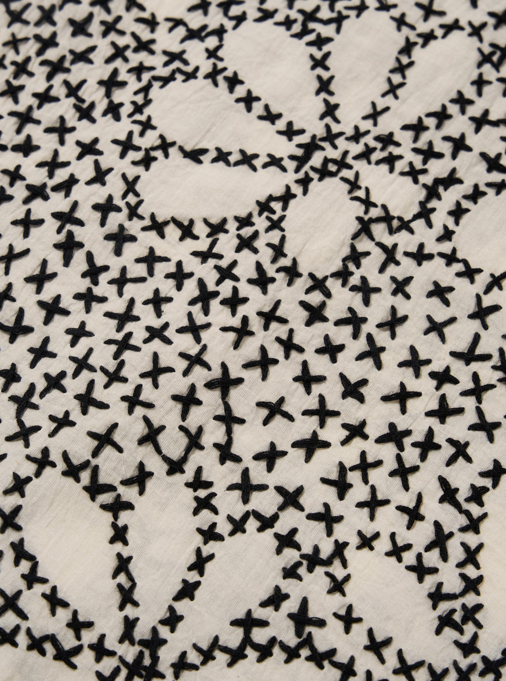 A close-up fabric swatch of the Ecru/Black Kantha Flower Road Shirt highlights the intricate Kantha embroidery on a hand-woven khadi base. The image shows black floral and geometric patterns stitched onto the ecru-colored cotton fabric, emphasizing the artisanal texture and depth of the material.
