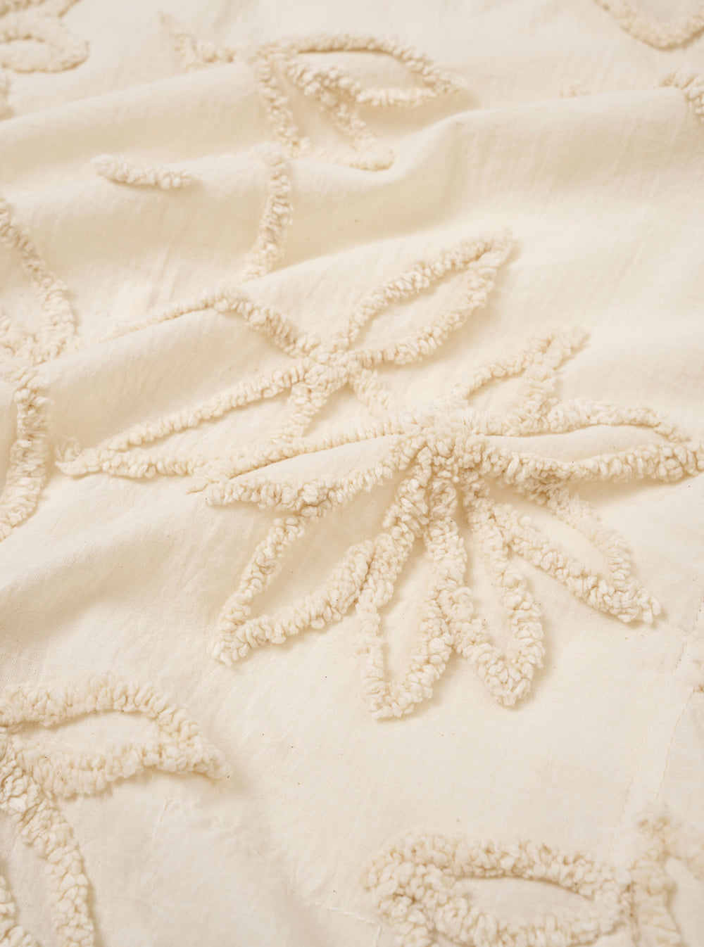 A close-up swatch image of the Ecru 3D Flower Road Shirt highlights the textured cotton fabric and its intricate tonal 3D floral pattern. The image focuses on the detail of the raised embroidery against the off-white background of the material.