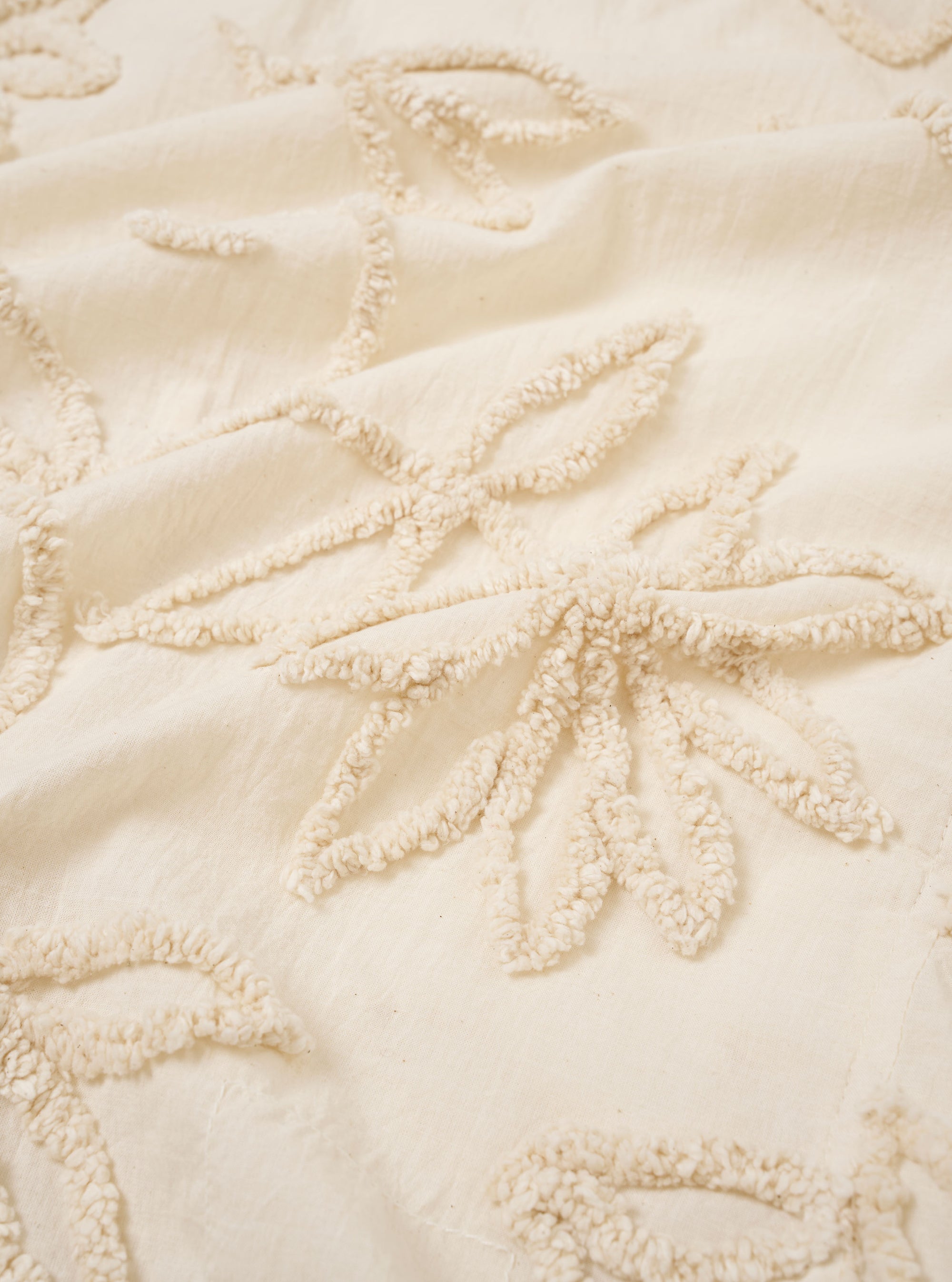 A close-up swatch image of the Ecru 3D Flower Road Shirt highlights the textured cotton fabric and its intricate tonal 3D floral pattern. The image focuses on the detail of the raised embroidery against the off-white background of the material.