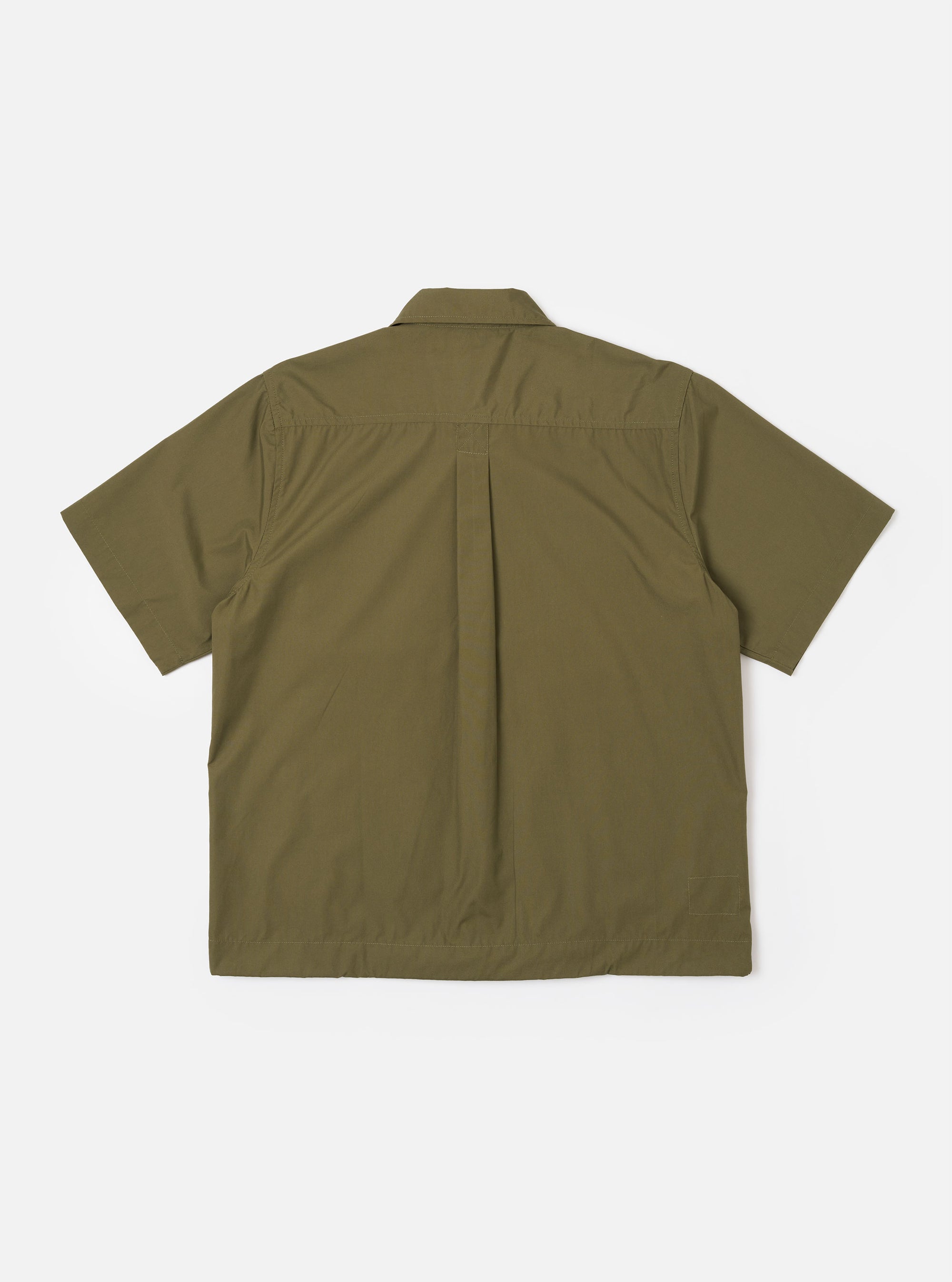 The Olive Recycled Polytech Z Tech Overshirt is shown from the back as a flat lay against a plain white background. The image highlights the clean, straight-cut rear panel of the garment, featuring a simple horizontal yoke across the shoulders and a straight hem. The olive green recycled polytech fabric has a smooth, technical finish.