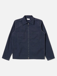 The Navy Seo Recycled Nylon Zip Too Shirt is shown as a flat lay against a white background. The shirt features a two-way front zip closure, a structured collar, and two large patch pockets at the chest. It has long sleeves with simple cuffs and a straight hem. The garment is made from a smooth, dark navy recycled nylon fabric.