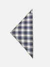 The Navy Texture Plaid Scout Scarf is displayed as a flat lay against a plain white background. The scarf features a dark navy blue base with a textured plaid pattern and frayed edges.