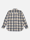 The Navy Window Panes Square Pocket Shirt is shown from the back as a flat lay against a plain white background. The image highlights the all-over white windowpane check pattern on the dark navy cotton fabric, as well as the straight hem and the clean construction of the shoulders and yoke.