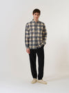 The Navy Window Panes Square Pocket Shirt is shown as a flat lay against a white background. The shirt features a dark navy base with a large, light-colored windowpane check pattern, a classic button-down front, and two distinctive square patch pockets on the chest. The garment has a structured collar and long sleeves.