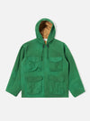 The Green Recycled Splash Nylon Longsands Jacket is shown as a flat lay against a white background. The jacket features a hooded design, a concealed popper front closure, and four expandable 3D flap pockets on the front. The fabric has a smooth, lightweight appearance in a solid green color.