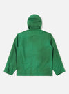The Green Recycled Splash Nylon Longsands Jacket is shown from the back as a flat lay against a plain white background. The image highlights the jacket's attached hood, straight hem, and the smooth, technical texture of the green recycled nylon fabric.