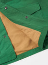 The Green Recycled Splash Nylon Longsands Jacket is shown from the back as a flat lay against a plain white background. The image highlights the jacket's hooded design, a straight hem, and the smooth texture of the green recycled splash nylon fabric.