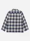 The Navy Texture Plaid Cancun Jacket is shown from the back as a flat lay against a plain white background. The jacket features a textured navy plaid pattern, a straight hem, and double back vents.