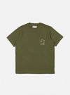 The A. SOCIETY x Universal Works Olive Single Jersey Print Tee laid flat on a white background. The tee is olive green with a small white graphic on the chest.
