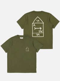 A. SOCIETY x Universal Works Olive Single Jersey Print Tee. Olive tee with white graphic on front and back. Studio shot on white.
