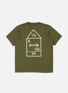 A. SOCIETY x Universal Works Olive Single Jersey Print Tee on a white background. The tee is olive with a white graphic on the back.