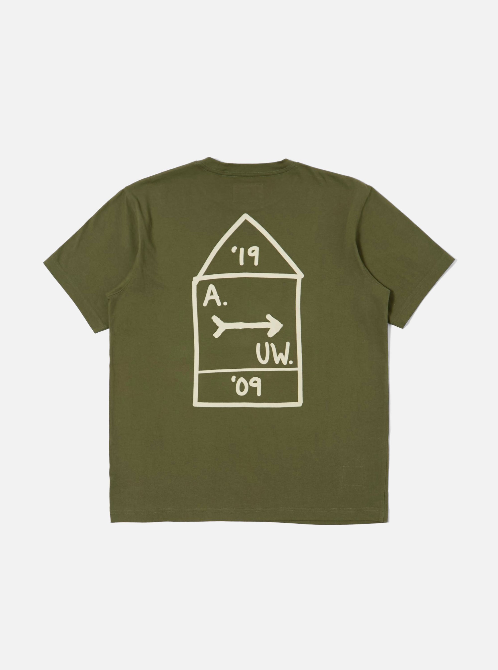 A. SOCIETY x Universal Works Olive Single Jersey Print Tee on a white background. The tee is olive with a white graphic on the back.