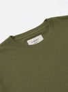 Close-up of the A. SOCIETY x Universal Works Olive Single Jersey Print Tee on a white background. Shows the olive color and single jersey material.