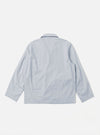 The Navy Kennedy Stripe Franck Jacket is shown from the back as a flat lay against a plain white background. The image highlights the vertical stripe pattern, the one-piece flat collar, and the straight hem of the shorter-cut garment.
