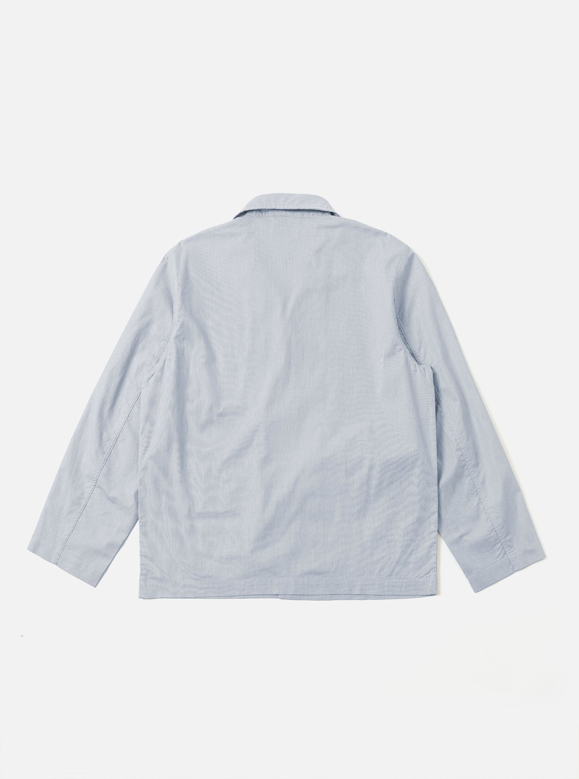 The Navy Kennedy Stripe Franck Jacket is shown from the back as a flat lay against a plain white background. The image highlights the vertical stripe pattern, the one-piece flat collar, and the straight hem of the shorter-cut garment.